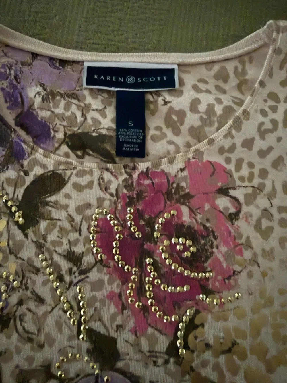 Karen Scott Cream Floral Embellished Long Sleeve Tee - Picture 2 of 2
